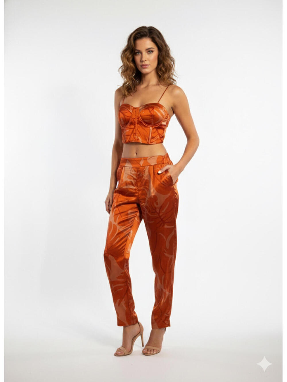 Rachel Zoe 2 Piece Orange Satin Corset Top Wide Leg Pants S